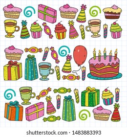 big set of hand drawn doodle cartoon objects and symbols on the birthday party. design holiday greeting card and invitation of wedding, Happy mother day, birthday, Valentine day and holidays