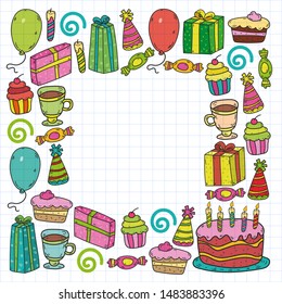 big set of hand drawn doodle cartoon objects and symbols on the birthday party. design holiday greeting card and invitation of wedding, Happy mother day, birthday, Valentine day and holidays