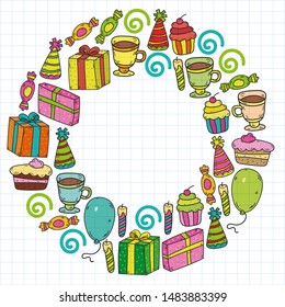 big set of hand drawn doodle cartoon objects and symbols on the birthday party. design holiday greeting card and invitation of wedding, Happy mother day, birthday, Valentine day and holidays