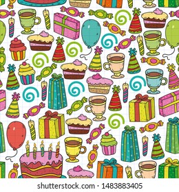 big set of hand drawn doodle cartoon objects and symbols on the birthday party. design holiday greeting card seamless
