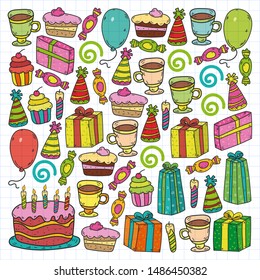 big set of hand drawn doodle cartoon objects and symbols on the birthday party. design holiday greeting card and invitation of wedding, Happy mother day, birthday, Valentine day and holidays