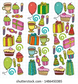 big set of hand drawn doodle cartoon objects and symbols on the birthday party. design holiday greeting card and invitation of wedding, Happy mother day, birthday, Valentine day and holidays