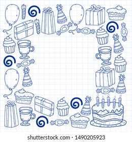 big set of hand drawn doodle cartoon objects and symbols for a birthday party. 