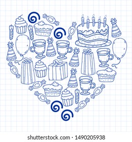 big set of hand drawn doodle cartoon objects and symbols for a birthday party. 