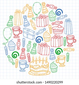 big set of hand drawn doodle cartoon objects and symbols on the birthday party. design holiday greeting card and invitation of wedding, Happy mother day, birthday, Valentine day and holidays