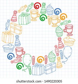 big set of hand drawn doodle cartoon objects and symbols on the birthday party. design holiday greeting card and invitation of wedding, Happy mother day, birthday, Valentine day and holidays