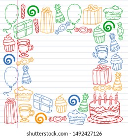 big set of hand drawn doodle cartoon objects and symbols on the birthday party. design holiday greeting card and invitation of wedding, Happy mother day, birthday, Valentine day and holidays