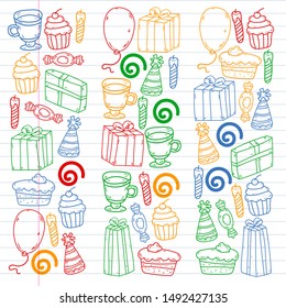 big set of hand drawn doodle cartoon objects and symbols on the birthday party. design holiday greeting card and invitation of wedding, Happy mother day, birthday, Valentine day and holidays
