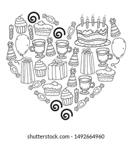 big set of hand drawn doodle cartoon objects and symbols on the birthday party. design holiday greeting card and invitation of wedding, Happy mother day, birthday, Valentine day and holidays