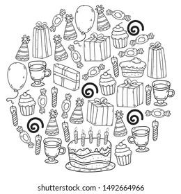 big set of hand drawn doodle cartoon objects and symbols on the birthday party. design holiday greeting card and invitation of wedding, Happy mother day, birthday, Valentine day and holidays
