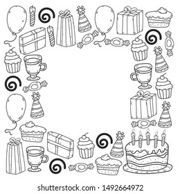 big set of hand drawn doodle cartoon objects and symbols on the birthday party. design holiday greeting card and invitation of wedding, Happy mother day, birthday, Valentine day and holidays