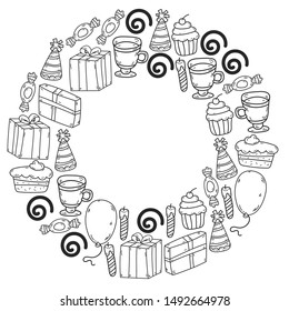 big set of hand drawn doodle cartoon objects and symbols on the birthday party. design holiday greeting card and invitation of wedding, Happy mother day, birthday, Valentine day and holidays