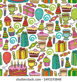 big set of hand drawn doodle cartoon objects and symbols on the birthday party. design holiday greeting card seamless