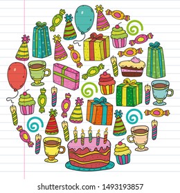 big set of hand drawn doodle cartoon objects and symbols on the birthday party. design holiday greeting card and invitation of wedding, Happy mother day, birthday, Valentine day and holidays