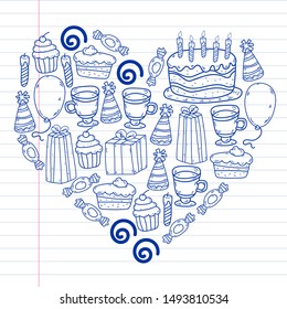 big set of hand drawn doodle cartoon objects and symbols on the birthday party. design holiday greeting card and invitation of wedding, Happy mother day, birthday, Valentine day and holidays