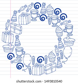 big set of hand drawn doodle cartoon objects and symbols on the birthday party. design holiday greeting card and invitation of wedding, Happy mother day, birthday, Valentine day and holidays