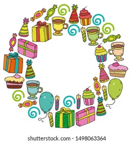 big set of hand drawn doodle cartoon objects and symbols on the birthday party. design holiday greeting card and invitation 