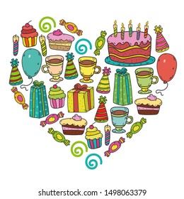 big set of hand drawn doodle cartoon objects and symbols on the birthday party. design holiday greeting card and invitation 