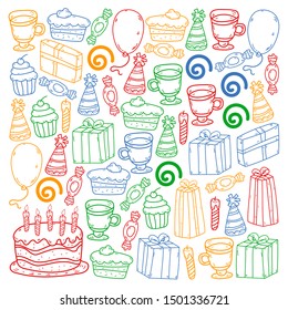 big set of hand drawn doodle cartoon objects and symbols on the birthday party. design holiday greeting card and invitation of wedding, Happy mother day, birthday, Valentine day and holidays