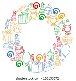 big set of hand drawn doodle cartoon objects and symbols on the birthday party. design holiday greeting card and invitation of wedding, Happy mother day, birthday, Valentine day and holidays