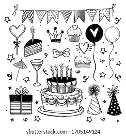 big set of hand drawn doodle cartoon objects and symbols on the birthday party.