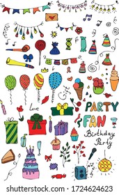 Big set of hand drawn doodle cartoon objects and symbols on the party. Design holiday greeting card and invitation.