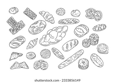 Gran juego de panadería dibujada a mano en el contorno del doodle. Los vectores aislaron bollería y trenzas como donut, cruasán, baguette, pan artesanal, puff y bollos. Diseño único con dibujo a mano Adecuado para páginas de color