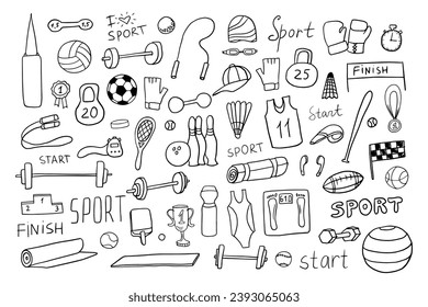 Big set of hand drawn doodle sport icons. sports equipment, badminton, basketball, football, boxing, fitnes. Collection of design elements. Great for banners, sites, posters. Vector illustration EPS10