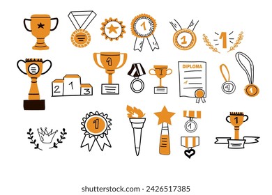 Große Menge von Hand gezeichnete Doodle Awards Umriss mit Farb-Icons isoliert. Vektor-Illustration des Siegers Pokal, Champion Medaille, gewinnen Diplom. Handgezeichnete Skizze - Champion, Sieg, Erfolgselemente