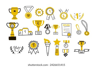 Big set of Hand drawn doodle awards outline with yellow color icons. Vector illustration of winner trophy cup, champion medal, win diploma. Hand drawn sketch - champion, victory, success elements