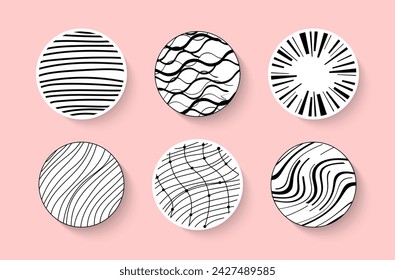 Conjunto grande dibujado a mano círculo de garabatos Patrones abstractos. redondo Líneas negras abstractas sobre fondos rosas. Piel, manchas, gotas, curvas. ilustración vectorial de moda moderna. 