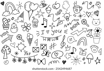 Big set of hand drawn doodle elements. Crowns, rainbow, hearts, stars, flowers, sparkles, arrows, lightnings, signs, funny design elements іsolated on white background. I love you lettering.