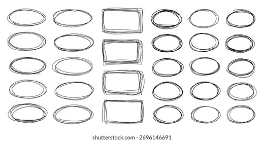 Big set of hand drawn doodle frames and highlight shapes. Collection of rectangular and oval boxes for notes, reminders and text emphasis. Vector ink and marker sketches in minimal style.