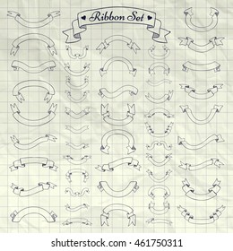 Big Set of Hand Drawn Doodle Sketched Rustic Decorative Banners and Ribbons. Vector Illustration. Pen Drawing Outlined Objects on Crumpled Notebook Texture