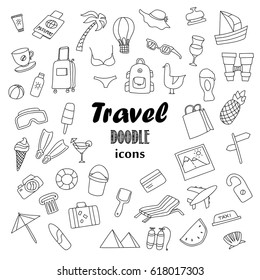 Big set of hand drawn doodle travel and vacation icons. 