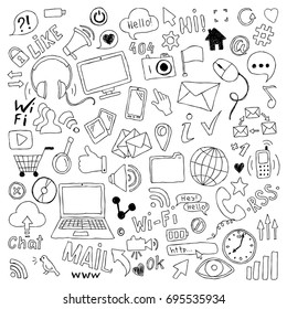 big set of hand drawn doodle cartoon objects and symbols on the Social Media theme