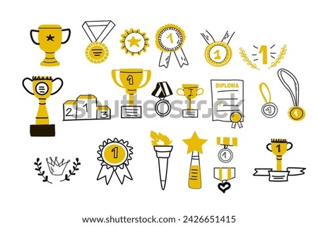 Big set of Hand drawn doodle awards outline with yellow color icons. Vector illustration of winner trophy cup, champion medal, win diploma. Hand drawn sketch - champion, victory, success elements