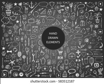 Big Set. Hand Drawn Elements On The Blackboard. Vector Illustration.