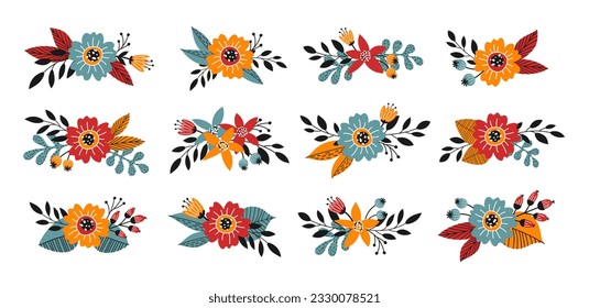 Big set of hand drawn fall floral arrangements. Floral decorative elements in a flat style. Vector illustration