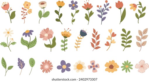 Big set of hand drawn flat flowers in pastel colors. Elements for prints and design. Vector illustration in cartoon style on transparent background