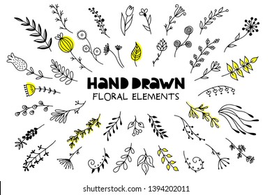 Big set of hand drawn floral elements on a white background. Doodle style. Vector illustration.