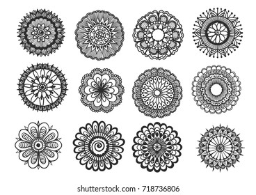 Big set of hand drawn floral mandala isolated on white background for design element. Vector illustration