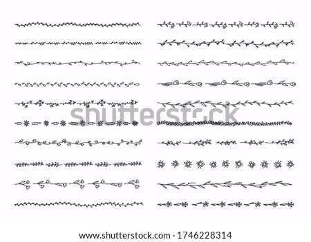 Big set of hand drawn floral  line borders isolated on white.