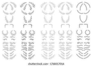 Big set of hand drawn flowers and branches with leaves, flowers, berries. Floral sketch collection. Decorative elements for design. Ink, vintage, rustic.