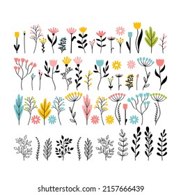 Un gran conjunto de flores dibujadas a mano. Colección floral. Estilo Doodle. Esbozo lindo para el ramo. Ilustración del vector