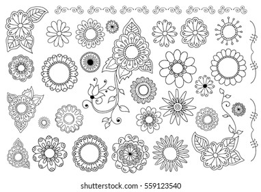 Big set of hand drawn flowers, branches, leaves in ornate doodle style. Vector floral sketch collection. Decorative elements for design.
