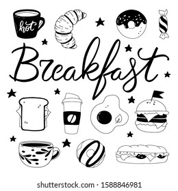 Big set of hand drawn food from restaurant, cafe or bar. Cute confection doodles in vector with ellegant "Breakfast" hand lettering on white background. 