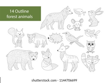 Big Set Of Hand Drawn Forest Illustraitions With Outline Animals On A White Background. Woodland Icons.