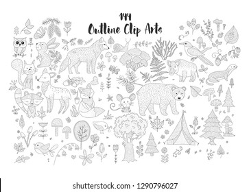 Big set of hand drawn forest illustraitions with outline wild animals on a white background.