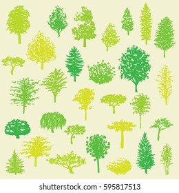Big set of hand drawn forest trees silhouettes vector illustration in shades of green isolated over beige.